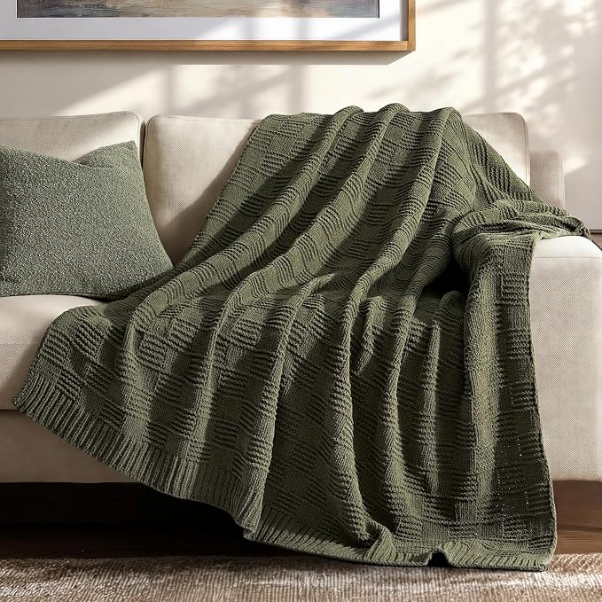 EVERGRACEHOME Modern Checkered Chenille Throw Blanket, 60x80, Olive Green | Lightweight Warmth, All-Season Breathability, OEKO-TEX certified, Timeless Grid Pattern, Farmhouse Throw for Couch, Bed, Sofa