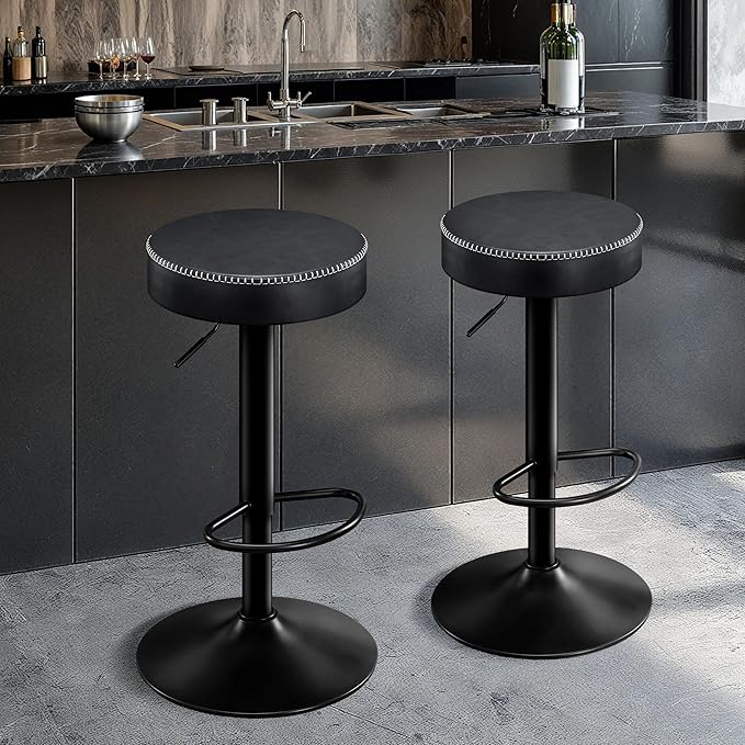 Swivel Bar Stools Set of 2 Black Microfiber Leather Counter Height Bar Stools with Round Seat Adjustable Backless Barstools Modern Tall Bar Chairs for Kitchen Island (24-33 Inch,330lbs)