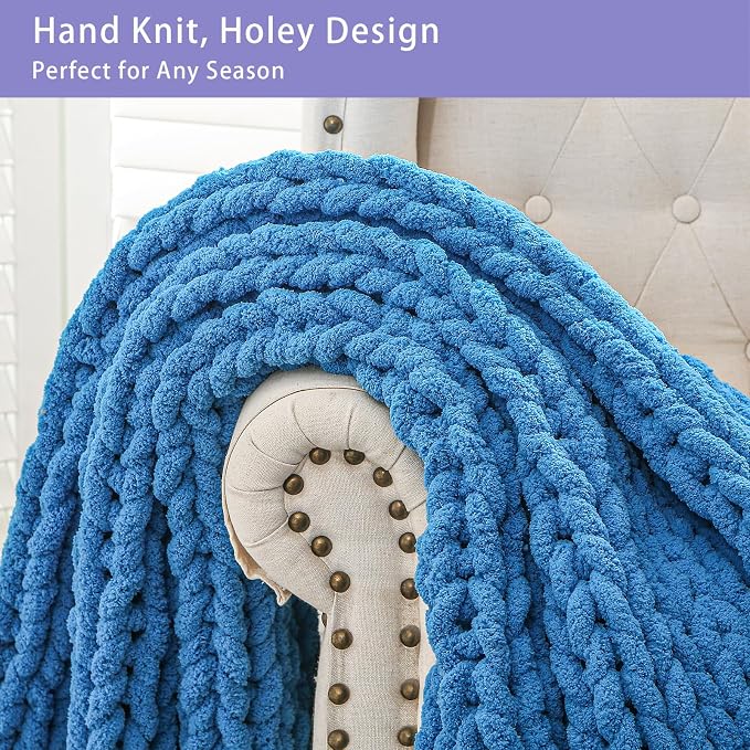 Bigacogo Chunky Knit Throw Blanket for Couch, 40x60 inches, Bright Blue | Hand Knit with Jumbo Chenille, Soft Breathable Cable Knit for Sofa Bed Living Room, Machine Washable, Gift for Mom Friend