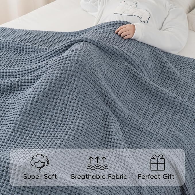 Blue Grey Throw Blanket for Couch, Waffle Knitted Throw Blanket 50"x60" | Chunky Chenille Throw Blanket, Soft Blue Throw Blanket for Home Decor, Sofa, Modern Farmhouse Knit Style