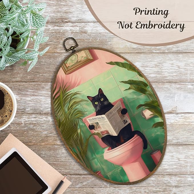 LKETW Funny Black Cat Bathroom Oval Wall Art Decor, Tropical Black Kitty Reading on Toilet Oval Canvas Hanging Decor, Funny Cat Wall Decorations for Bathroom Washroom Toilet, 8.6x11.4 Inch blackcat