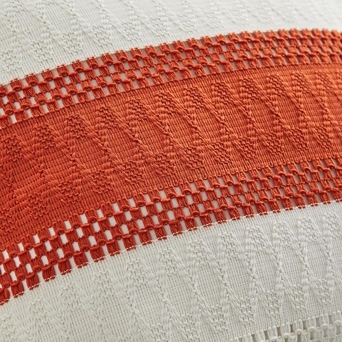 2pk Boho Pillow Covers 22x22, Natural White/Contrast/Orange | 100% Organic Cotton Body, Stripe Embroidery, Farmhouse Decorative Cushion Covers for Sofa Bed Living Room Home Decor