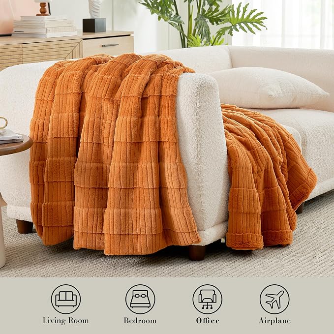 Luxury Striped Faux Fur Throw Blanket for Bed Queen Size, Soft Cozy Fuzzy Fluffy Plush Gift Blankets for Women, 88"x90", Brown