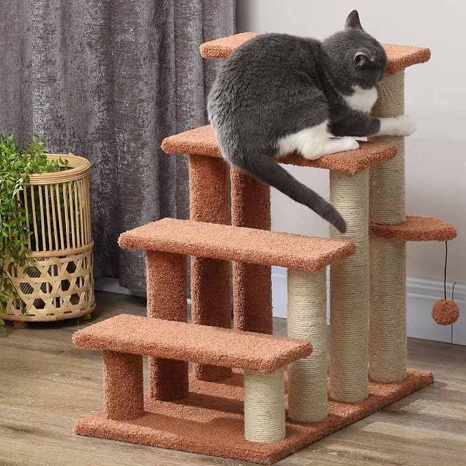 PawHut 4 Levels Cat Steps, Pet Stairs Carpeted Ladder, Kitten Tree Climber with Scratching Posts, Hanging Play Ball, Side Step, for High Bed, Sofa, Brown | Kitten Tree Climber, Scratching Posts, Hanging Play Ball, Side Step, for Sofa