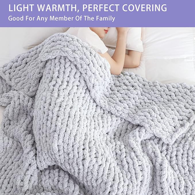 Bigacogo Chunky Knit Throw Blanket for Couch, 51x63 inches, Light Grey | Hand Knit with Jumbo Chenille, Soft Breathable Cable Knit for Sofa Bed Living Room, Machine Washable, Gift for Mom Friend