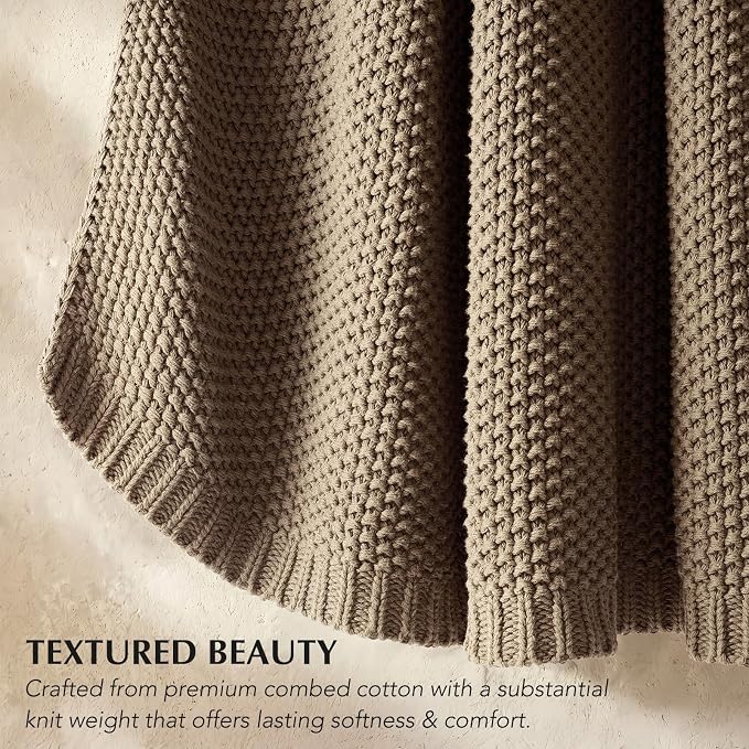 Organic Cotton Chunky Knit Throw Blanket, 50 x 60 Stone Taupe | OCS Certified Organic Cotton, Seed Stitch Knit, Soft & Breathable, Cozy Midweight, Decorative Throw for Couch, Bed & Sofa