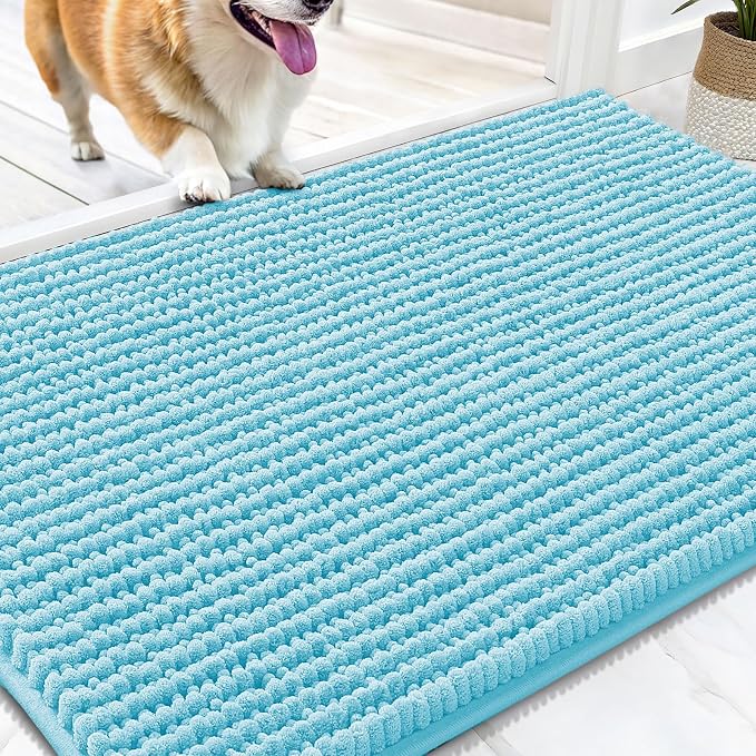OLANLY Dog Door Mat for Muddy Paws 30x20, Extra Absorbent Chenille Mud Mat | Blue, Absorbs Moisture and Dirt, Non-Slip Machine Washable Doormat, Quick-Drying Indoor Entryway Floor Mat for Dogs