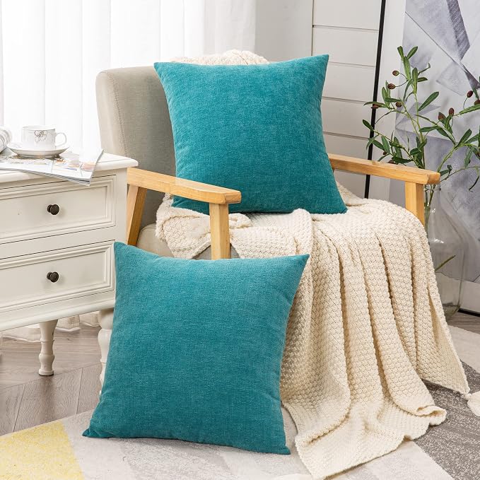 GAWAMAY Decorative Chenille Throw Pillow Covers 24x24 Inch Pack of 2, Soft Square Couch Pillow Cover for Sofa Cushion Living Room Bedroom Solid Dyed Pillowcases Teal 60x60cm (ONLY Covers)
