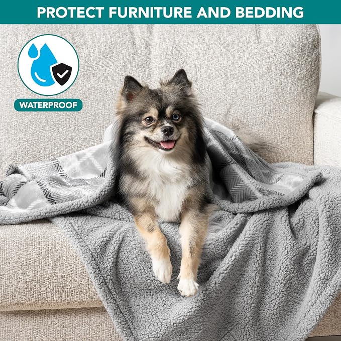 PetAmi Waterproof Dog Blanket for Small Puppy Cat, 29x40, Plaid Light Grey | 460 GSM Sherpa Fleece Reversible, Pee Proof Pet Blanket, Furniture Protector Cover for Couch Sofa Kennel Crate, Washable