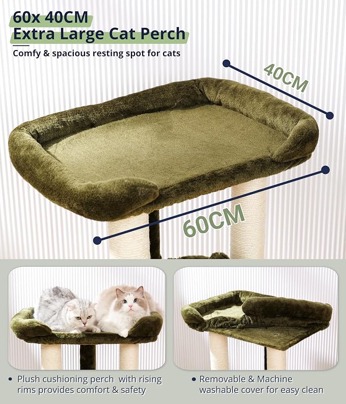 Cat Tree, Cat Scratching Posts with Large Bed for Big Cats | Green, Small Cat Tower, 28" Tall For Window Viewing, 23.6"x15.7" Large Cat Bed, Cat Hammock, Removable Cover, Solid Structure