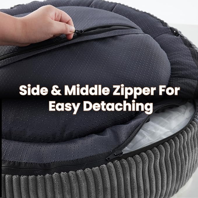 33 inches Calming Donut Dog Bed for Medium Plus Dogs,Dark Grey | Round Pet Bed with Removable&Washable Cover,Plush Faux Fur & Corduroy, Fits Pets up to 50 lbs
