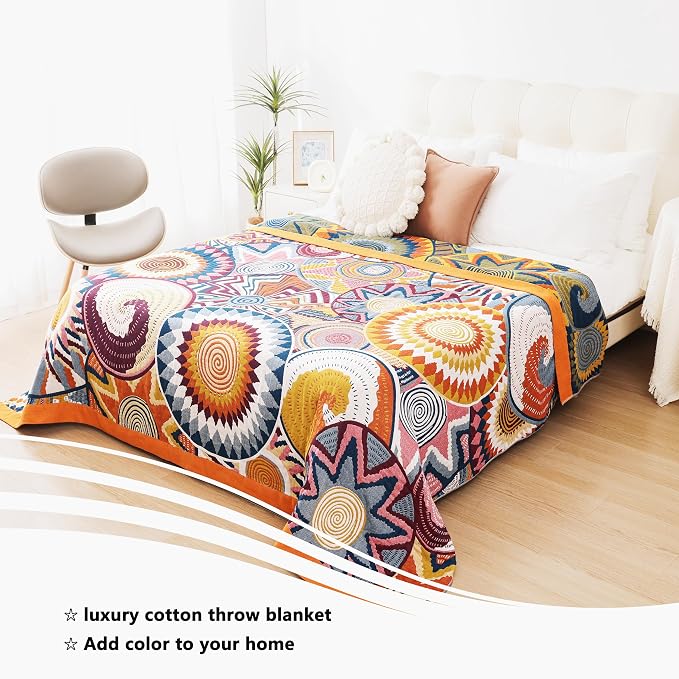 VANJOROY Boho Throw Blanket, 100% Organic Muslin Cotton Skin-friendly Breathable Ultra Soft Bed Quilt Throw - All Season Bohemian Decor Luxury Colorful Blanket for Sofa Couch Chair and Gift. 50" x 60"