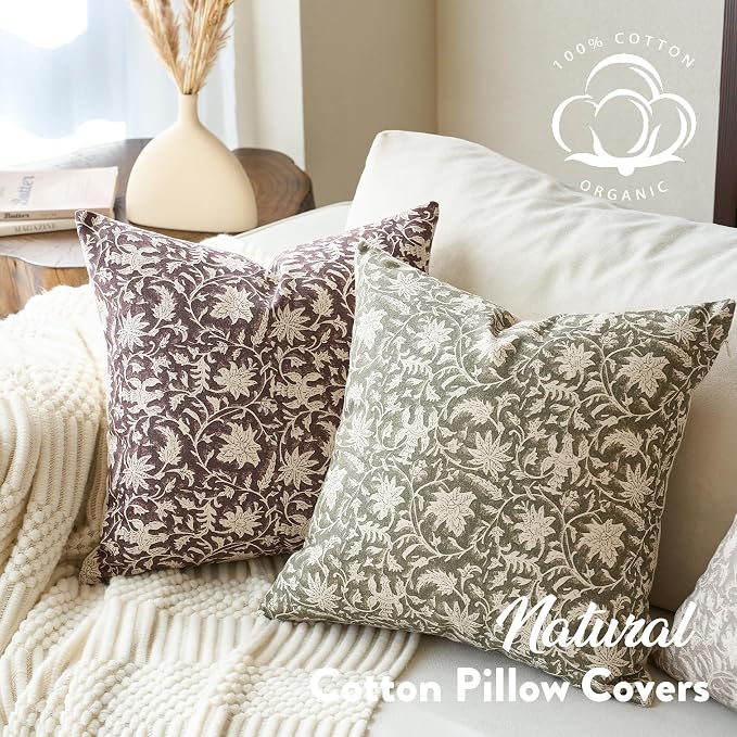 FIOUOVO Floral Throw Pillow Covers 20x20 Farmhouse Block Print Pillow Covers Decorative Pillow Covers Couch Pillows for Living Room Vintage Accent Sofa Pillows Set of 2, Burgundy