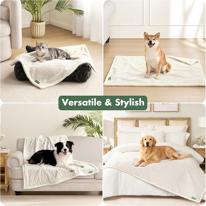 Waterproof Twin Blanket for Bed - Washable Large Dog Blankets for Bed Protector, Thick Cozy Fleece Calming Pet Blankets for Indoors & Outdoors, Cream, 60"x80"
