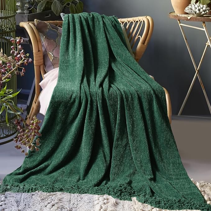 Chenille Throw Blanket for Couch 50" x 60", Dark Green | Soft Cozy Throws with Fringe Tassel, for Living Room Bed Sofa Chair Cover, Lightweight Knitted Boho Blankets Christmas Decor