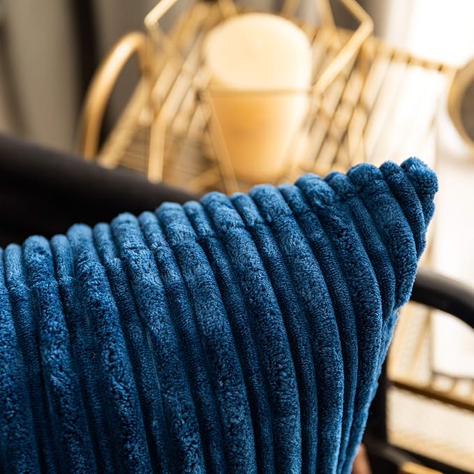 UGASA Striped Textured Velvet Corduroy Decorative Europe Sham Throw Pillow Cushion Cover for Couch, 2 Packs, (61x61 cm, 24inch), Navy Blue
