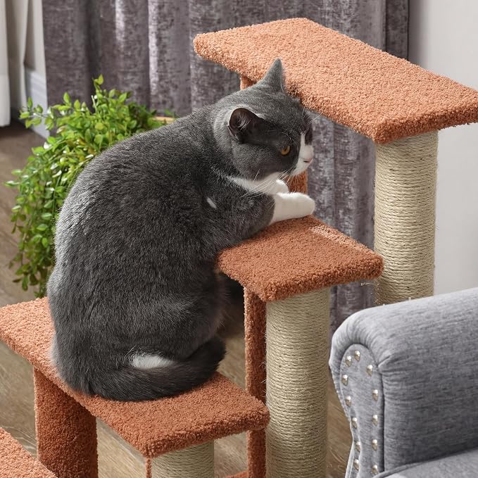 PawHut 4 Levels Cat Steps, Pet Stairs Carpeted Ladder, Kitten Tree Climber with Scratching Posts, Hanging Play Ball, Side Step, for High Bed, Sofa, Brown | Kitten Tree Climber, Scratching Posts, Hanging Play Ball, Side Step, for Sofa