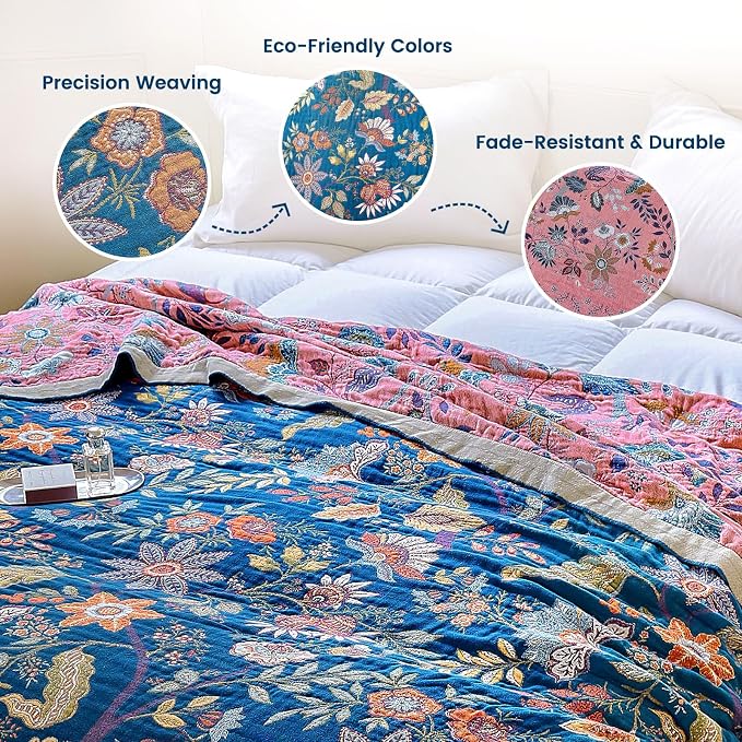MSGKV Boho Throw Blanket 50"x60" Summer Cotton Blue Floral Throw for Couch | Muslin Throw, Blue Floral Pattern, Reversible Woven, Lightweight Comfort, Farmhouse Decor, All Seasons, Machine Washable