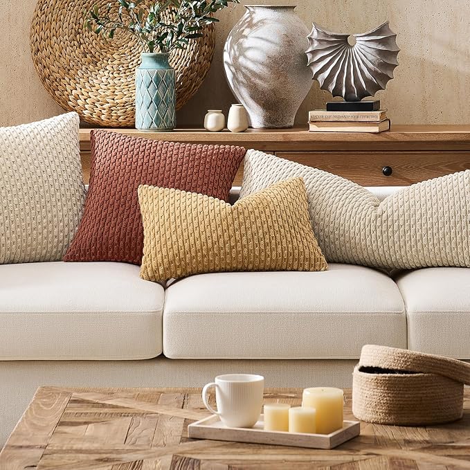 Kevin Textile Soft Corduroy 12"x20" Lumbar Pillow Cover 1 Pack, Tan | Boho Stripe Plush Corduroy Decorative Oblong Cushion Cover Modern Farmhouse Home Decor for Sofa Couch Bed Chair