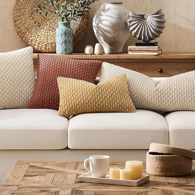 Kevin Textile Soft Corduroy 12"x24" Lumbar Pillow Cover 1 Pack, Tan | Boho Stripe Plush Corduroy Decorative Oblong Cushion Cover Modern Farmhouse Home Decor for Sofa Couch Bed Chair