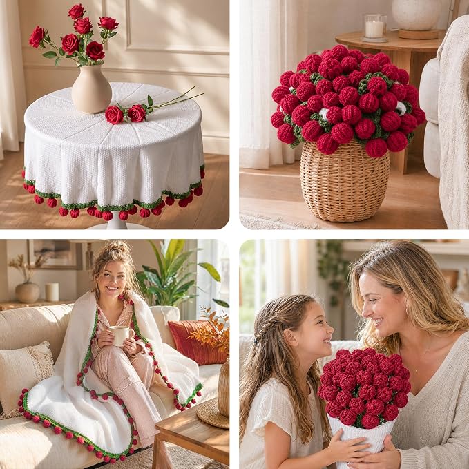 Ivydale 43inch Crochet Flower Bouquet Throw Blanket Red Rose
