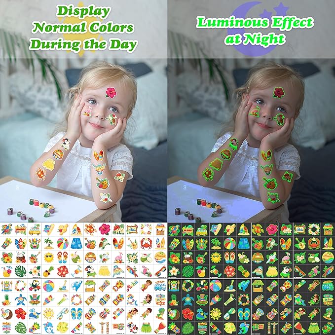 96 PCS Hawaiian Luau Pre-Cut Luminous Glow in the dark Temporary Tattoos for Kids | Super Cute Themed Birthday Party Favors, Supplies, Decorations, Summer Fake Tattoo Stickers Gifts for Boys Girls