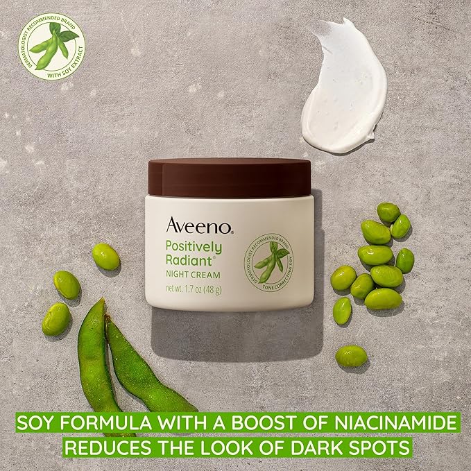 Aveeno Positively Radiant Face & Neck Night Cream with Tone Correcting Soy & Niacinamide, Night Cream Targets Dull Skin & Evens Skin Tone & Texture, Hypoallergenic, 1.7 oz