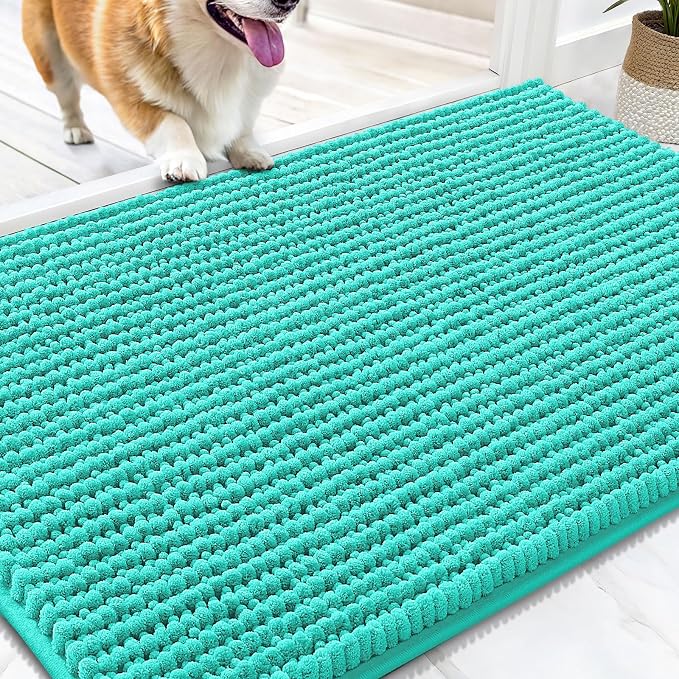 OLANLY Dog Door Mat for Muddy Paws 30x20, Extra Absorbent Chenille Mud Mat | Teal, Absorbs Moisture and Dirt, Non-Slip Machine Washable Doormat, Quick-Drying Indoor Entryway Floor Mat for Dogs
