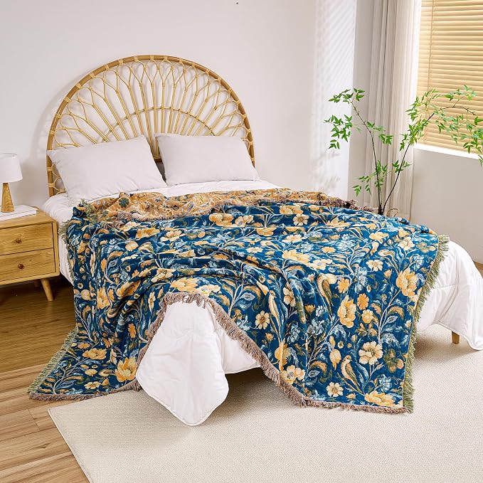 VANJOROY Boho Throw Blanket, 100% Organic Cotton Breathable Ultra Soft 50" x 60" Bed Quilt Blue Throw - All Season Bird Floral Rustic Farmhouse Decor Reversible Blanket for Couch Chair and Gift