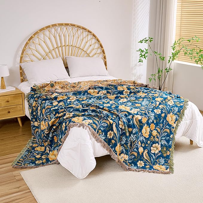 VANJOROY Boho Throw Blanket, 100% Organic Cotton Breathable Ultra Soft 60" x 80" Bed Quilt Blue Throw - All Season Bird Floral Rustic Farmhouse Decor Reversible Blanket for Couch Chair and Gift