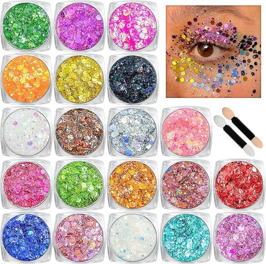 Body Glitter Face Glitter Makeup Festival Glitter, 20 Colors Face and Body Glitter Gel, Hair Glitter Gel, Body Makeup