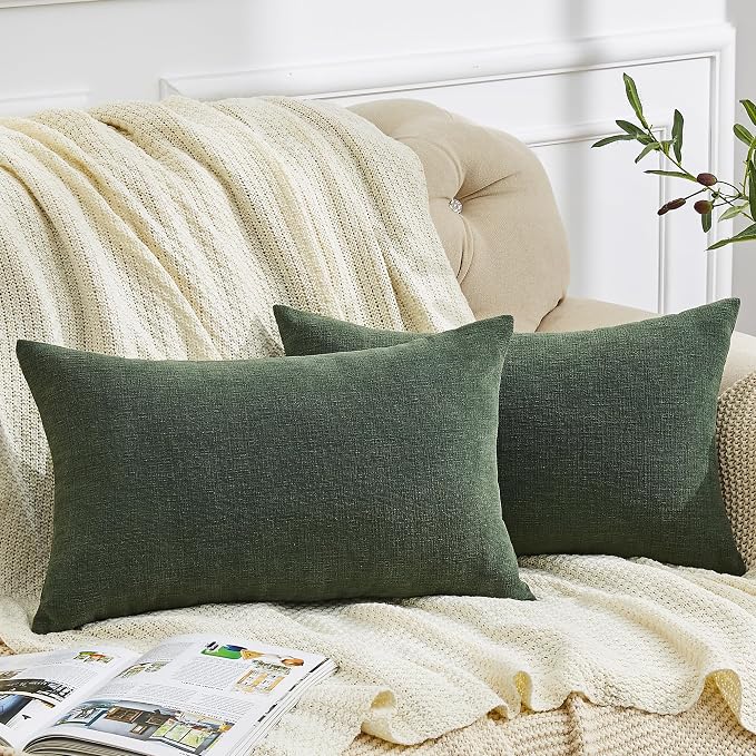 GAWAMAY Decorative Rectangle Throw Pillow Covers Lumbar Support Pillow 12"x20" Inch Set of 2, Soft Chenille Pillowcase for Living Room Bedroom Sofa Couch Cushion Cover Dark Green 30x50cm (No Insert)