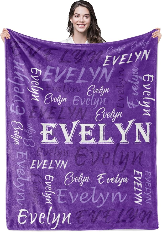 Personalized Custom Purple Theme Light Soft Flannel Fleece Throw Blanket with Name for Men, Women, Boys, Girls, Kids - Customized Name Gifts for Birthday, Christmas, Valentines Day