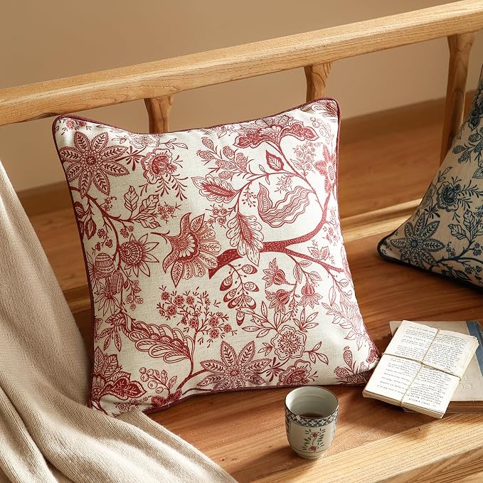 Designer Linen Square Throw Pillow Cover,Set of 2,18"x18"-Ruyi A | Vintage French Elegant Pillow Cover,Concealed Zipper Design,Red Floral Pattern,Sofa,Bedroom,Living Room,Lounge Chairs