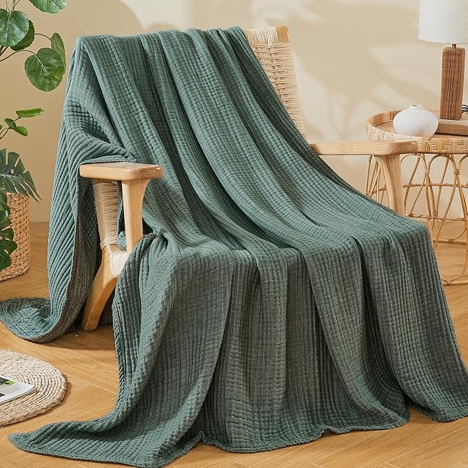 EMME Cotton Muslin King Blanket Breathable Gauze Soft Lightweight Blankets Adults Gifts for Women (Heather Forest Green, 108"x90")