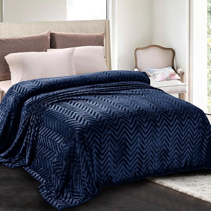 Whale Flotilla Flannel Fleece Fall Bed Blanket Queen Size, Navy Blue | Lightweight Breathable Soft Bedspread, Plush Fluffy Coverlet Chevron Design Decorative Blanket for Home Life, 90x90 Inch