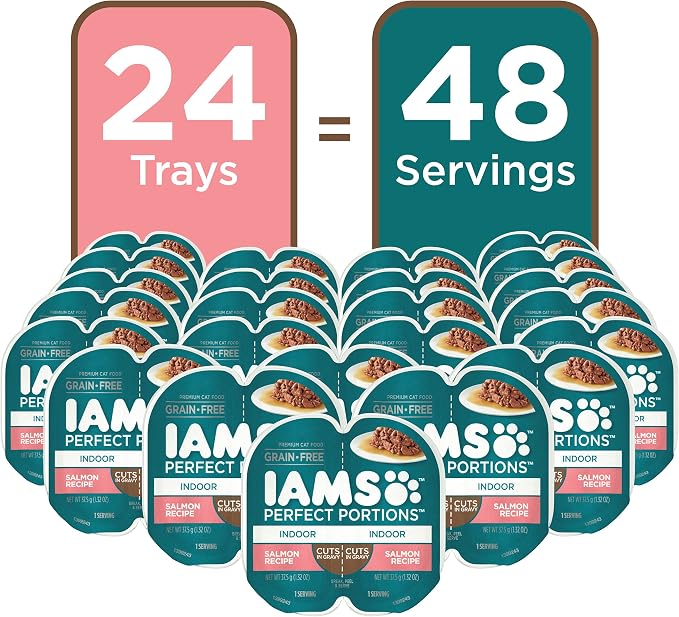 IAMS Perfect Portions Indoor Cuts in Gravy Wet Cat Food, Salmon, 24 Count | Made in USA, Snap, peel & serve, Vitamin E, prebiotic for digestion, no artificial flavors, 2.6 oz. twin-pack trays