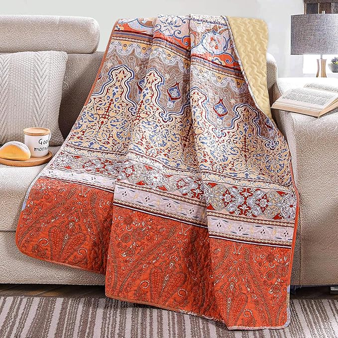 Exclusivo Mezcla Reversible Boho Quilted Throw Blanket, 50"x 60" | Lightweight Summer Quilt Throw, Designed for Bed/ Couch/ Sofa, Burnt Orange Striped Pattern