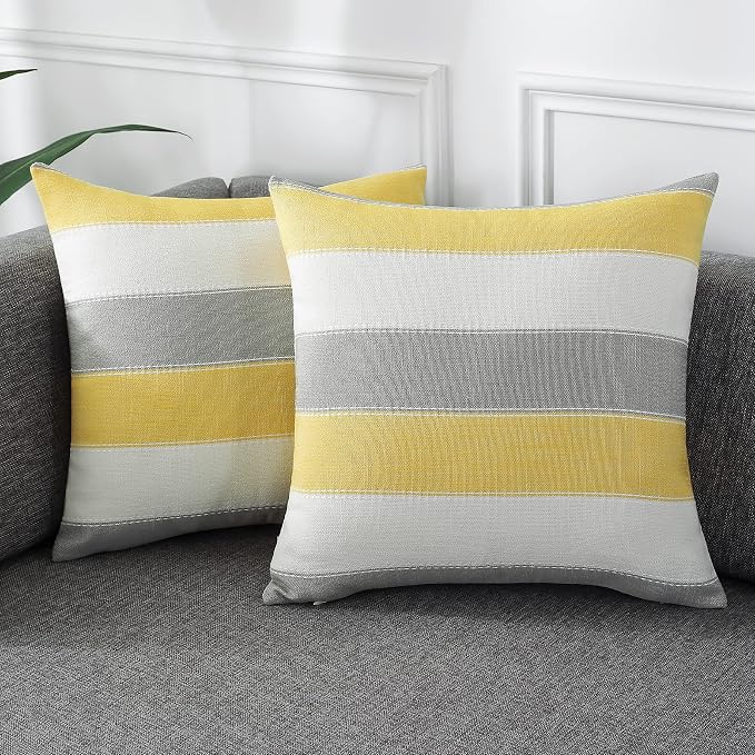 Pack of 2 Farmhouse Stripe Check Throw Pillow Covers Set Case Cotton Linen Decorative Pillowcases Cushion Cover for Couch Bench Sofa 22x22Inch Yellow Beige