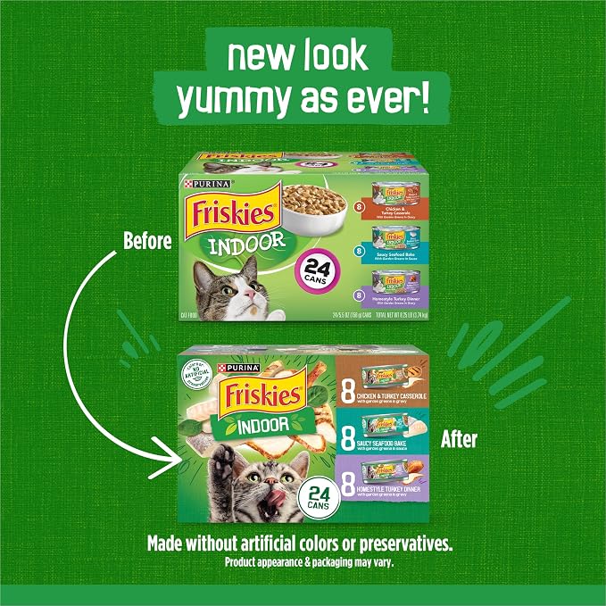 Friskies Purina Indoor Cat Food 24ct VP - (Chicken and Turkey Casserole, Saucy Seafood Bake, Homestyle Turkey Dinner) - 5.5 oz. Cans (Pack of 48)