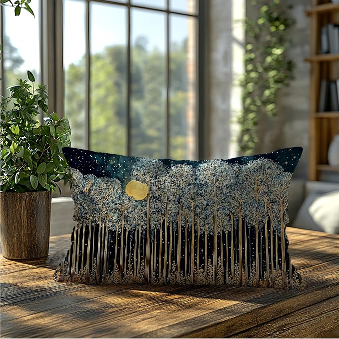 Rustic William Morris Inspired Forest Green Moon Pillow Covers 12x20 Double-Sided,Vintage Night Moon Botanical Nature Landscape Decorative Throw Pillow Covers for Home Bedroom Living Room