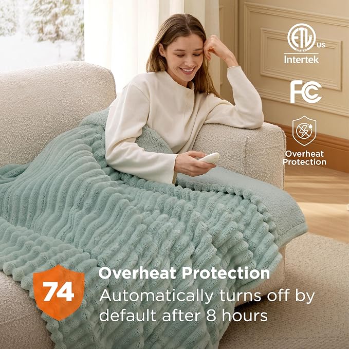 Bedsure Electric Blanket Twin - Thick Striped Fast Heating Electric Blanket with Preheat Function, 6 Heat & 6 Timer (Up to 10H), 8H Auto Off, ETL Certified, Gifts for Grandma (62"x84", Green)