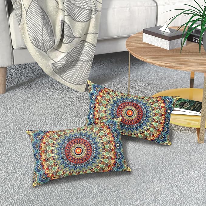 Boho Mandala Floral Lumbar Pillow Covers 12X20 Inch Set of 2 Navy Blue Orange Abstract Flower Decorative Pillow Cases Colorful Retro Ethnic Cushion Case Home Decor for Sofa Couch Porch Outdoor