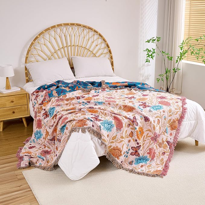 VANJOROY Boho Throw Blanket, 100% Organic Cotton Breathable Ultra Soft 60" x 80" Bed Quilt Throw - All Season Floral Rustic Farmhouse Decor Luxury Reversible Blanket for Sofa Couch Chair and Gift