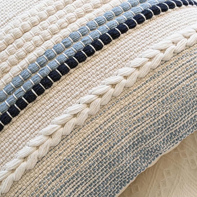 Coastal Blue Boho Decorative Throw Pillow Cover 18x18 Modern Bohemian Accent Pillow Case Square Woven Textured Farmhouse Pillows for Couch Bed (Pack of 1)