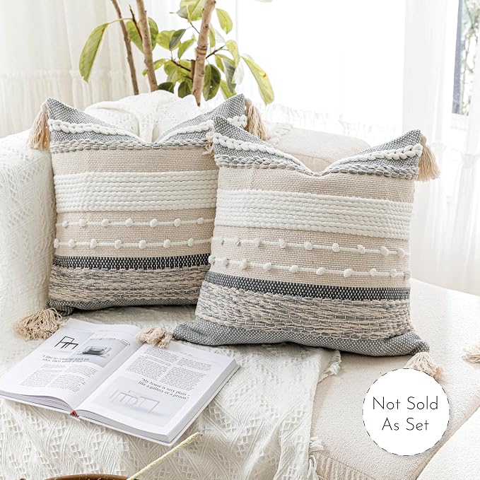 Gray Boho Throw Pillow Cover 18x18 Grey Decorative Accent Pillow for Couch Square Woven Textured Pillowcase Modern Farmhouse Pillow for Bed Bohemian Pillow Cover (Pack of 1)