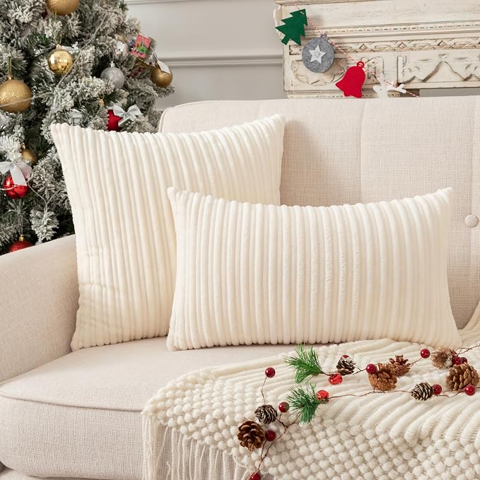 UGASA Corduroy Striped Soft Decorative Throw Pillow Covers Soild Square Set Cushion Cases Pillowcases for Sofa Bedroom, 2 Pcs, 16x16inch, Cream