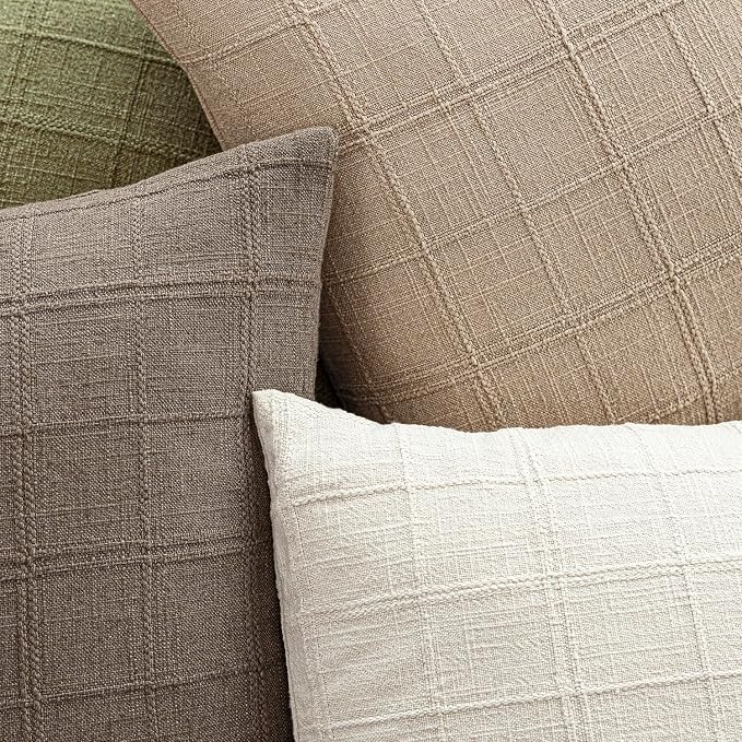 Foindtower Set of 2 Decorative Linen Check Throw Pillow Covers Neutral Farmhouse Vintage Cushion Covers Modern Coastal Boho Home Decor for Sofa Chair Couch Bedroom Living Room,26×26 Inch,Camel