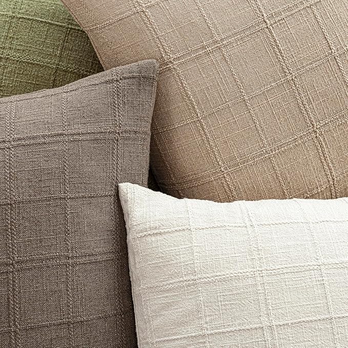 Foindtower Set of 2 Decorative Linen Check Throw Pillow Covers Neutral Farmhouse Vintage Cushion Covers Modern Coastal Boho Home Decor for Sofa Chair Couch Bedroom Living Room,18×18 Inch,Camel