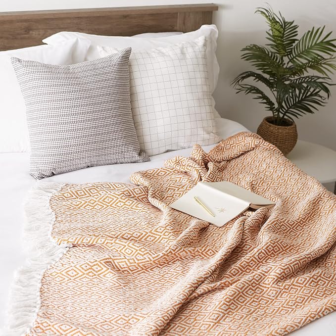 DII Rustic Farmhouse Double Diamond Woven Throw, 50x60, Pumpkin Spice